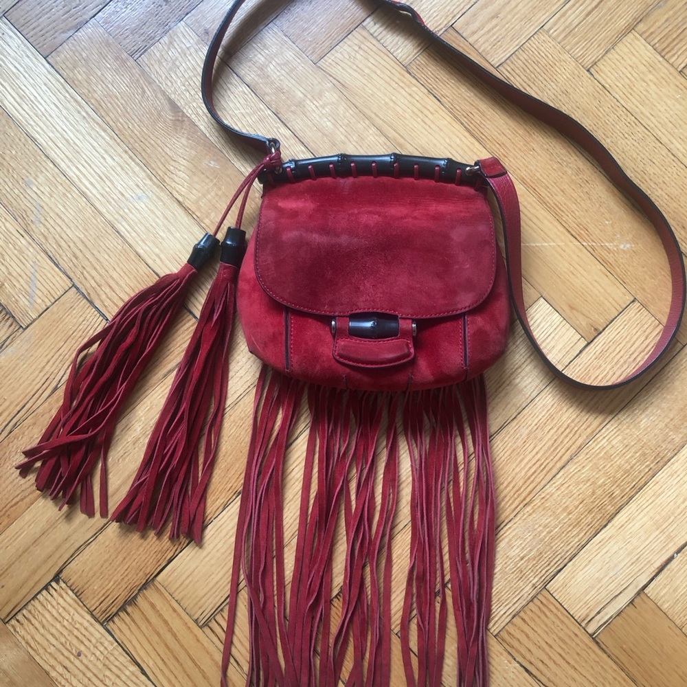 GUCCI red suede small crossbody fringe bag